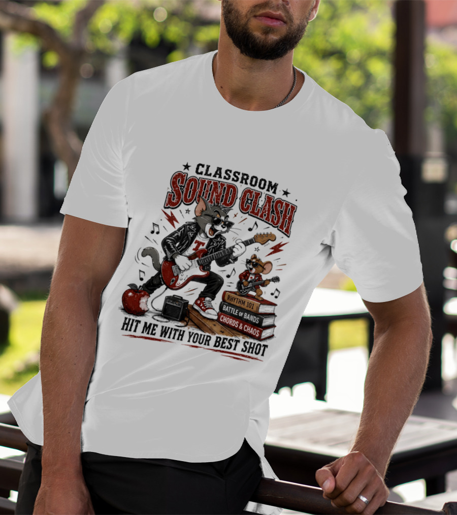 Classroom Sound Clash Hit Me With Your Best Shot Tom And Jerry Electric Guitar Battle T-Shirt