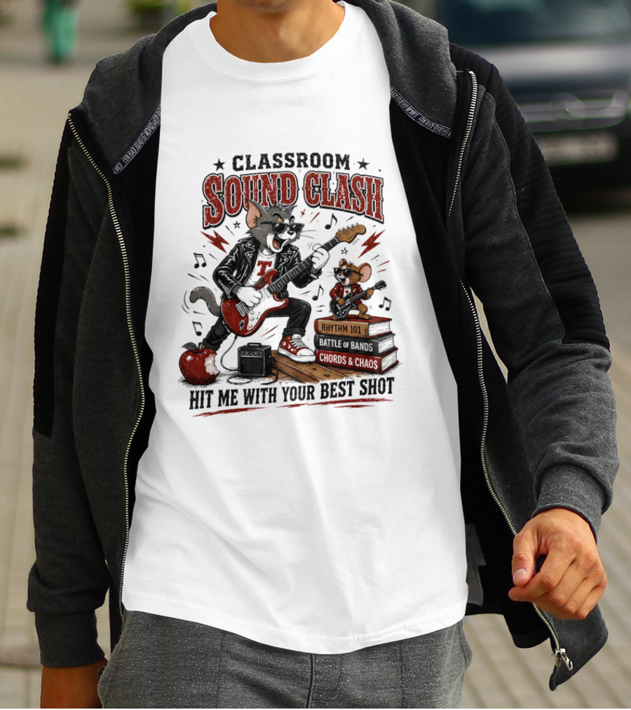 Classroom Sound Clash Hit Me With Your Best Shot Tom And Jerry Electric Guitar Battle T-Shirt