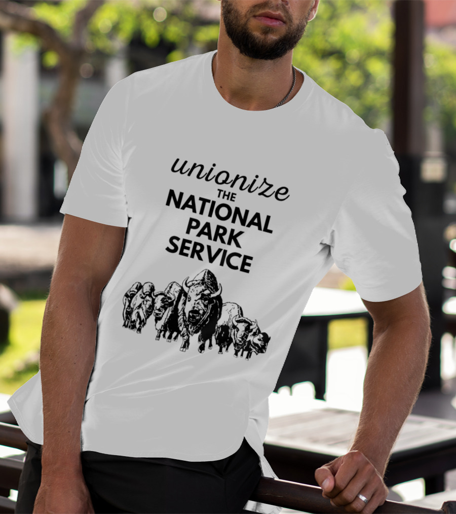 Unionize The National Park Service Bison Herd Oso Artists Orchard Button T-Shirt