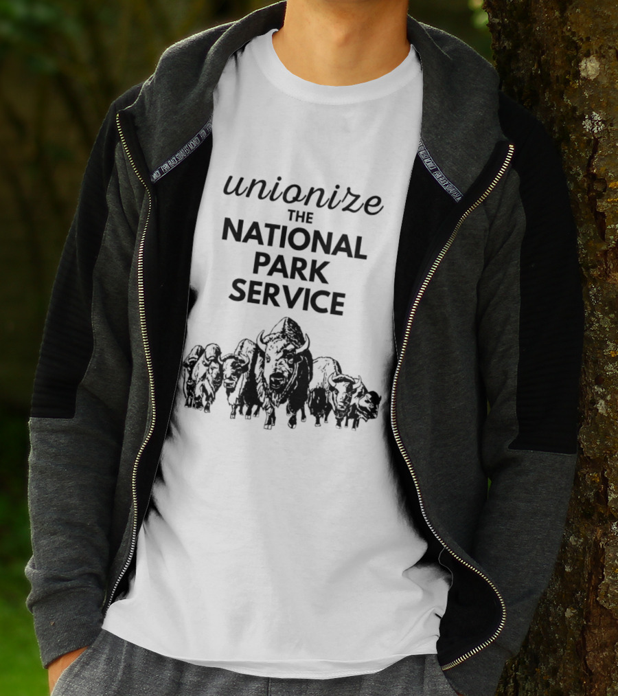 Unionize The National Park Service Bison Herd Oso Artists Orchard Button T-Shirt