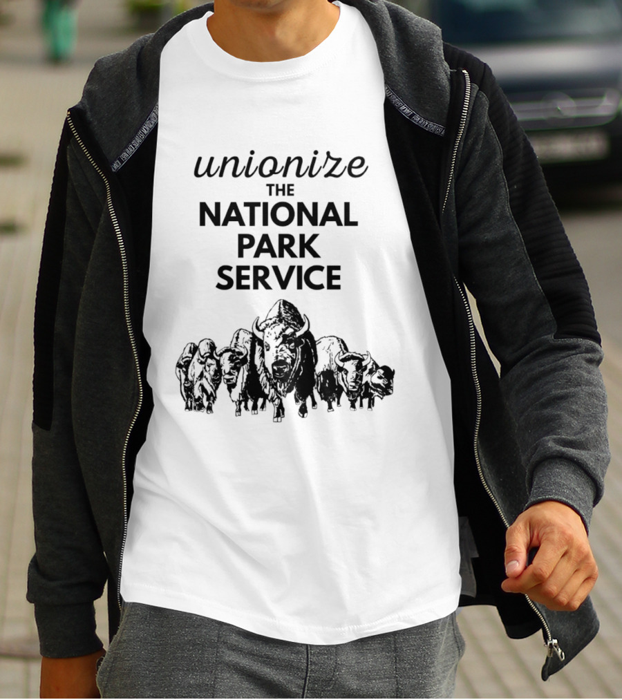 Unionize The National Park Service Bison Herd Oso Artists Orchard Button T-Shirt