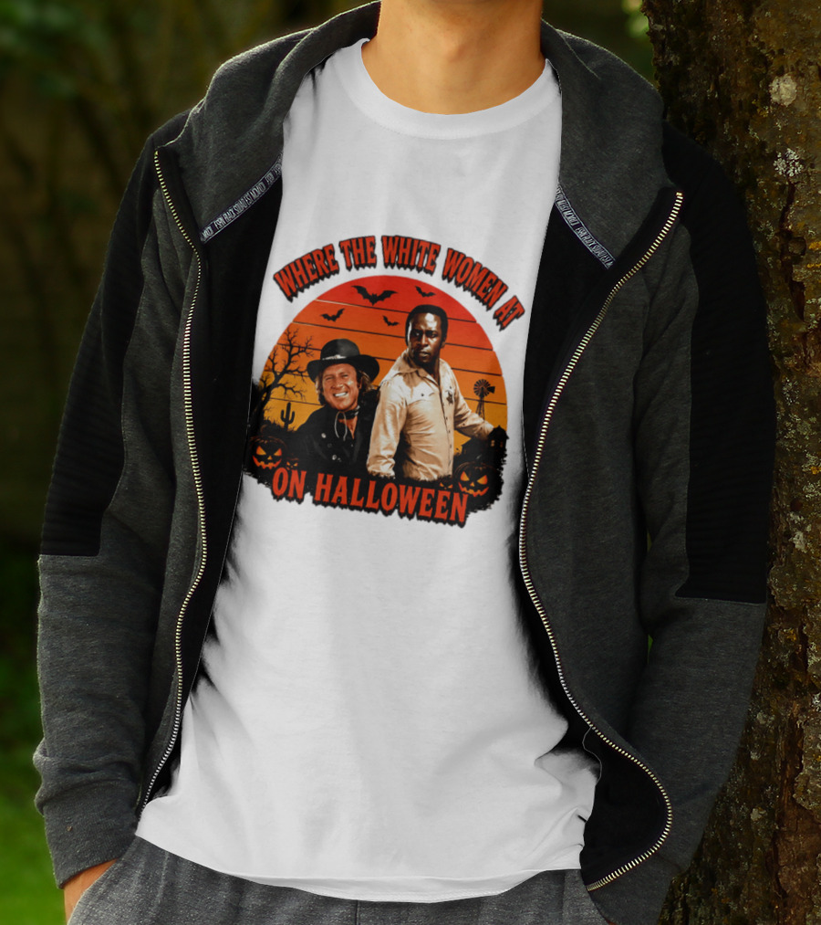 Where The White Women At Blazing Saddles Halloween Movie Scene With Characters And Pumpkins T-Shirt