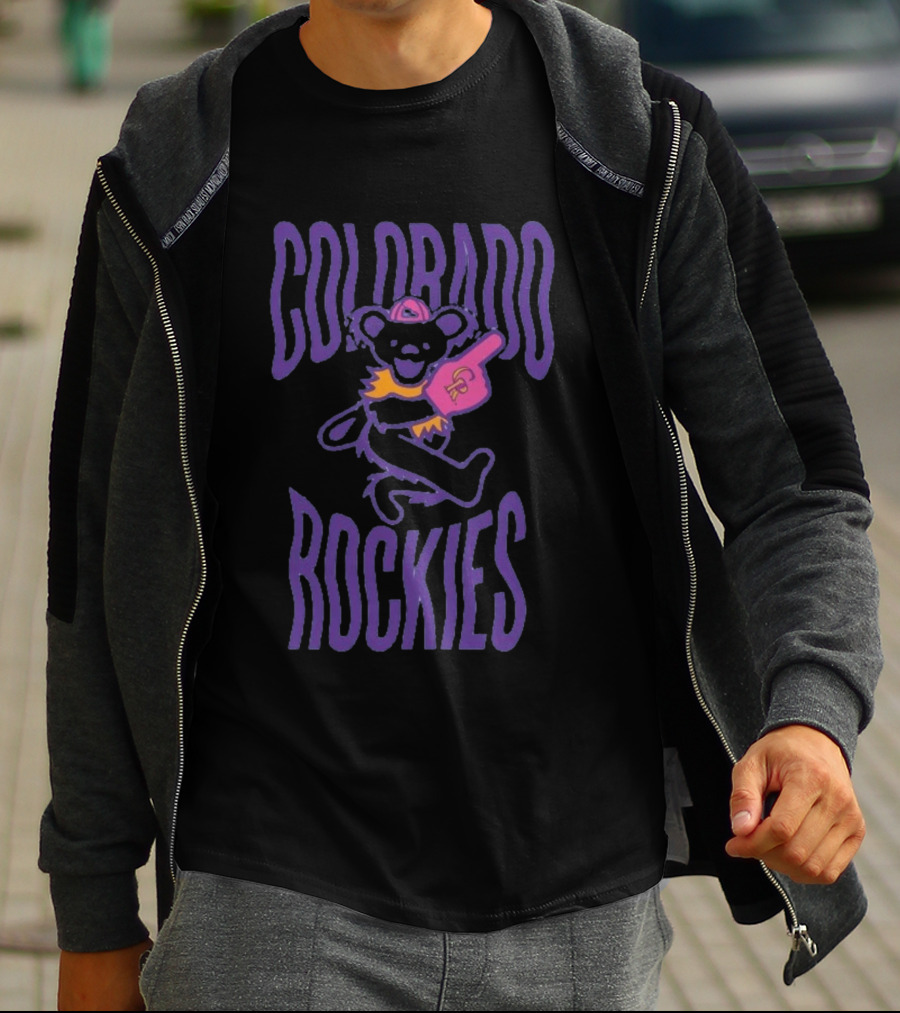 Colorado Rockies Grateful Dead Bear With Foam Finger Fan T-Shirt