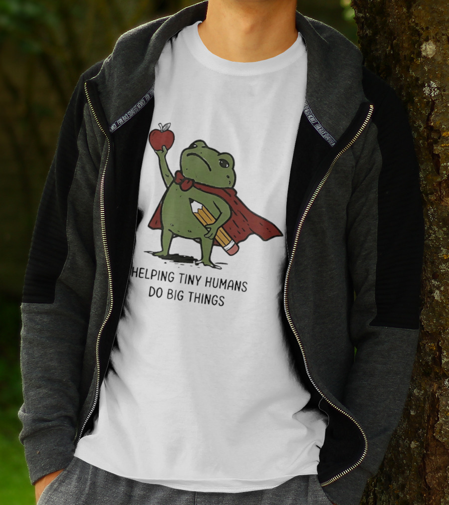 Helping Tiny Humans Do Big Things Cartoon Frog With Apple And Pencils T-Shirt