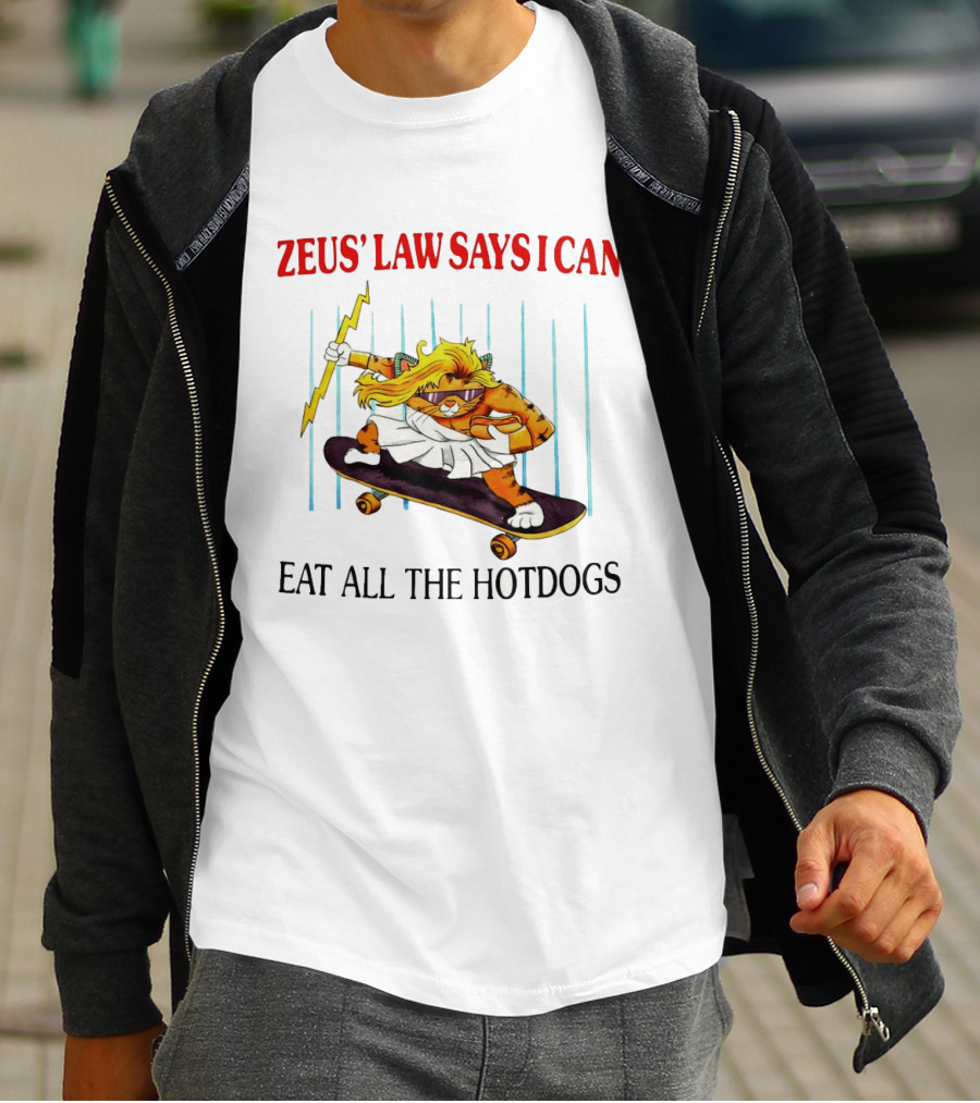 Zeus' Law Says I Can Eat All The Hotdogs Cat Holding Lightning Skateboard T-Shirt