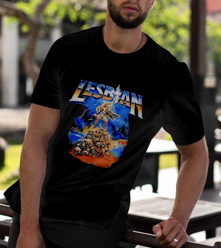 LESBIAN Warrior Epic Pose Amidst Pile Of Skulls And Lightning T-Shirt