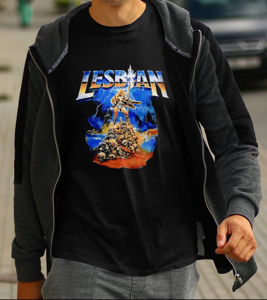 LESBIAN Warrior Epic Pose Amidst Pile Of Skulls And Lightning T-Shirt