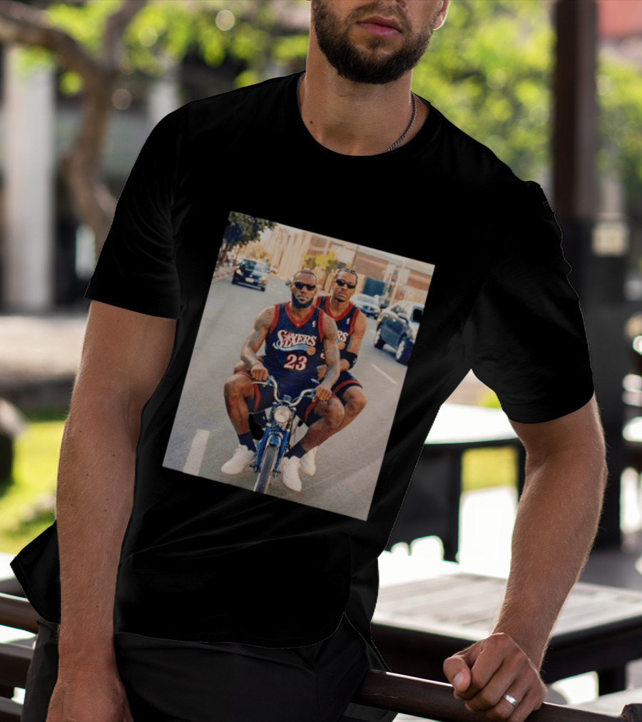 Philadelphia 76ers LeBron James Allen Iverson Duo On Bicycle T-Shirt
