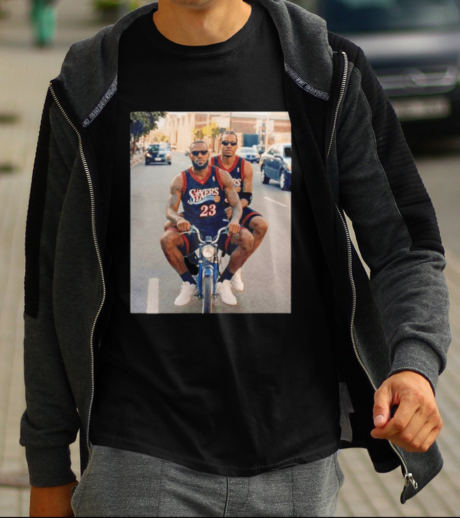 Philadelphia 76ers LeBron James Allen Iverson Duo On Bicycle T-Shirt