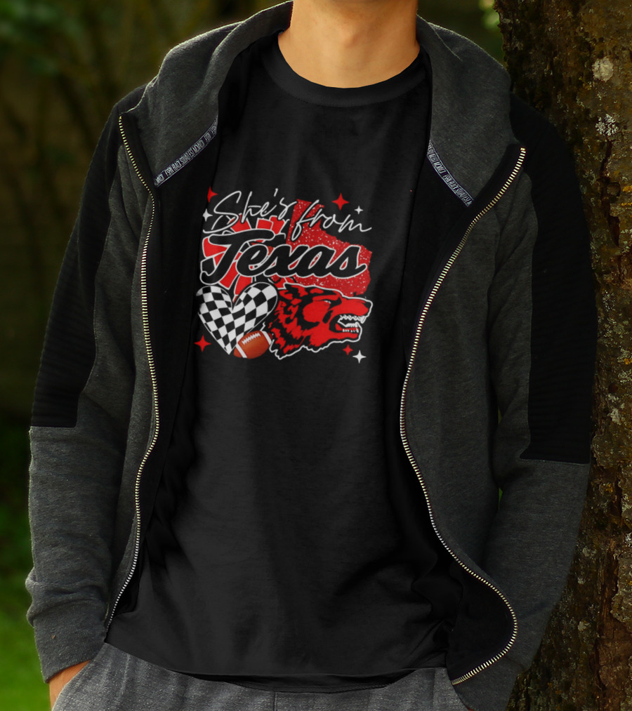 Cheerleading Texas Football Wolf She's From Texas Heart Checkered Ball Stars T-Shirt