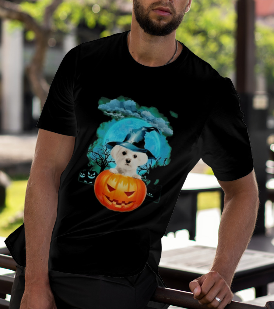 Happy Halloween White Maltese Witch Hat Pumpkin Blue Moon T-Shirt