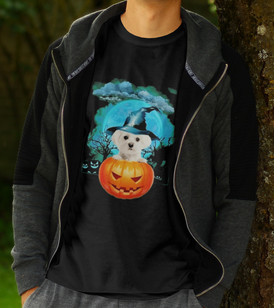 Happy Halloween White Maltese Witch Hat Pumpkin Blue Moon T-Shirt