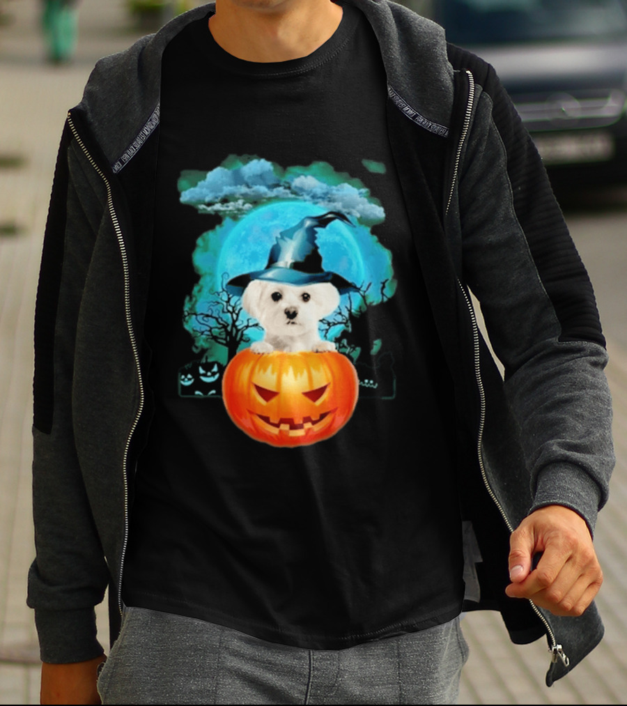 Happy Halloween White Maltese Witch Hat Pumpkin Blue Moon T-Shirt