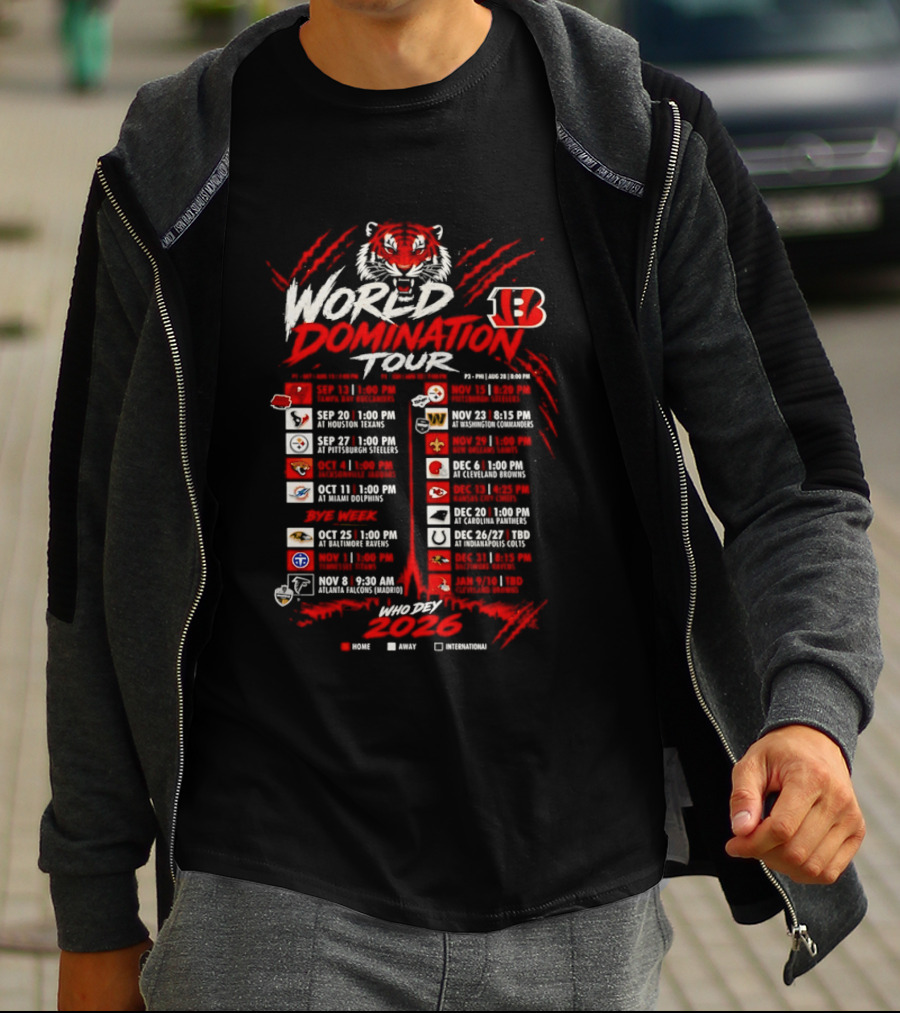 Cincinnati Bengals World Domination Tour 2026 Schedule Featuring Iconic Tiger Graphic And Team Logos T-Shirt
