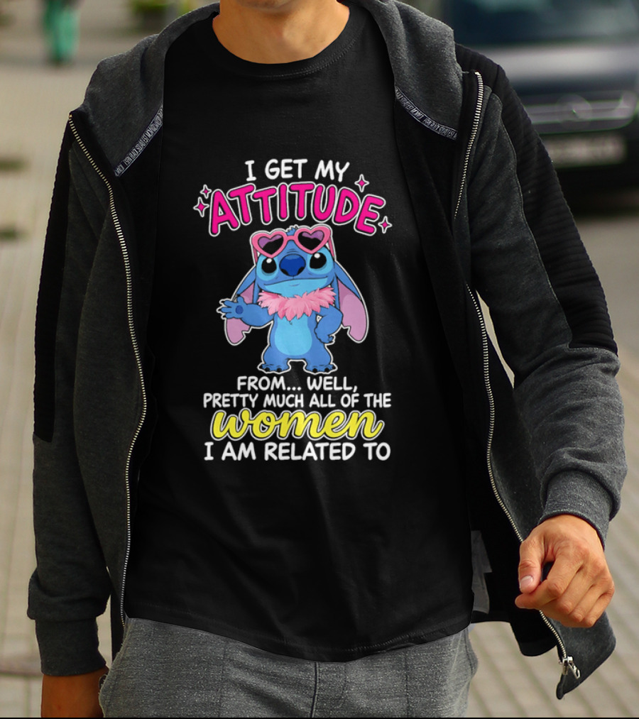 I Get My Attitude From Pretty Much All Of The Women I Am Related To Cute Blue Cartoon Character With Pink Accessories T-Shirt