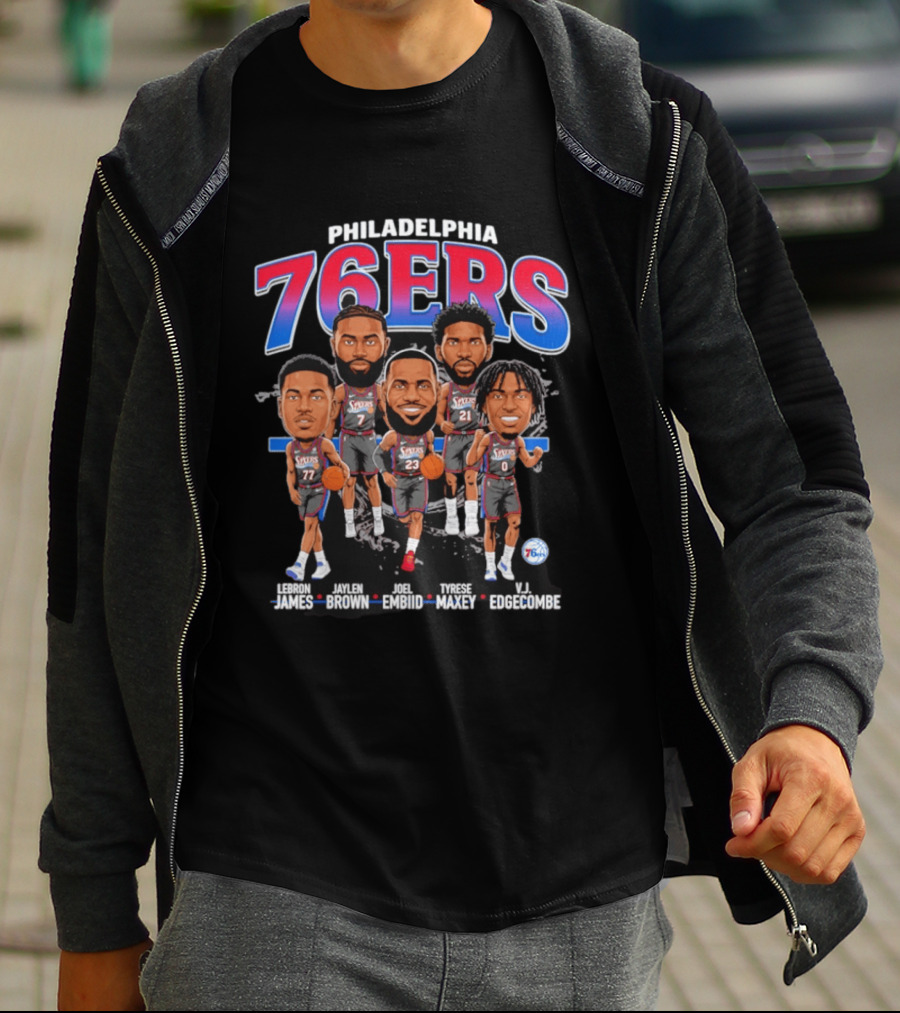 Philadelphia 76ers LeBron James Jaylen Brown Joel Embiid Tyrese Maxey VJ Edgecombe Caricature T-Shirt