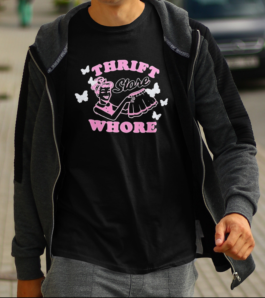 Thrift Store Whore Retro Feminine Fun Pink Butterfly T-Shirt