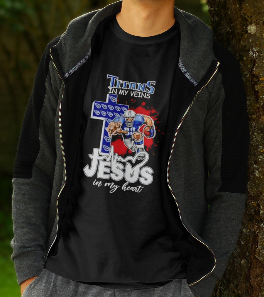 Titans In My Veins Jesus In My Heart Football Player Cross T-Shirt
