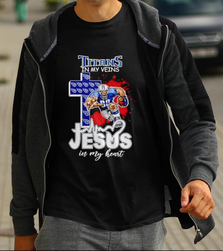 Titans In My Veins Jesus In My Heart Football Player Cross T-Shirt