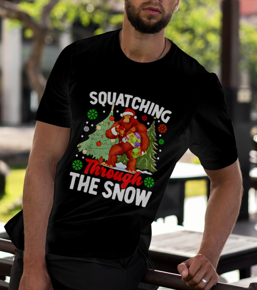 Squatching Through The Snow Bigfoot Christmas Tree Holiday Santa Big Foot T-Shirt