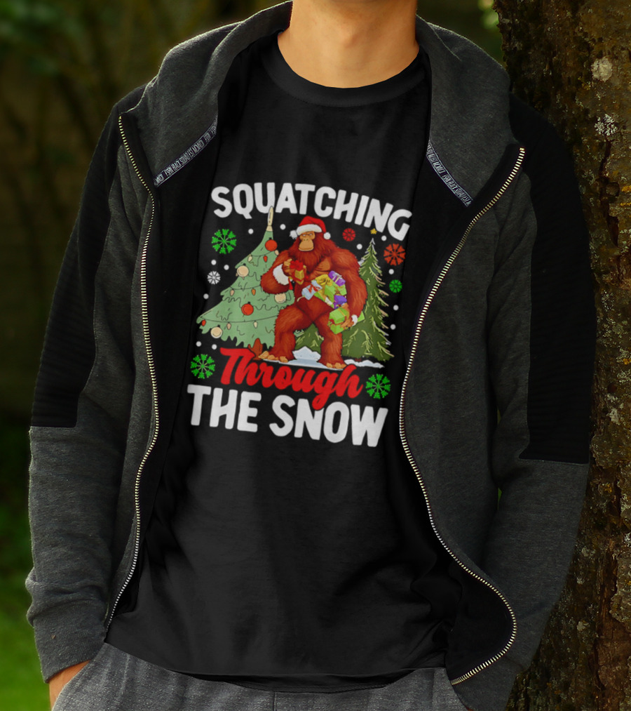 Squatching Through The Snow Bigfoot Christmas Tree Holiday Santa Big Foot T-Shirt