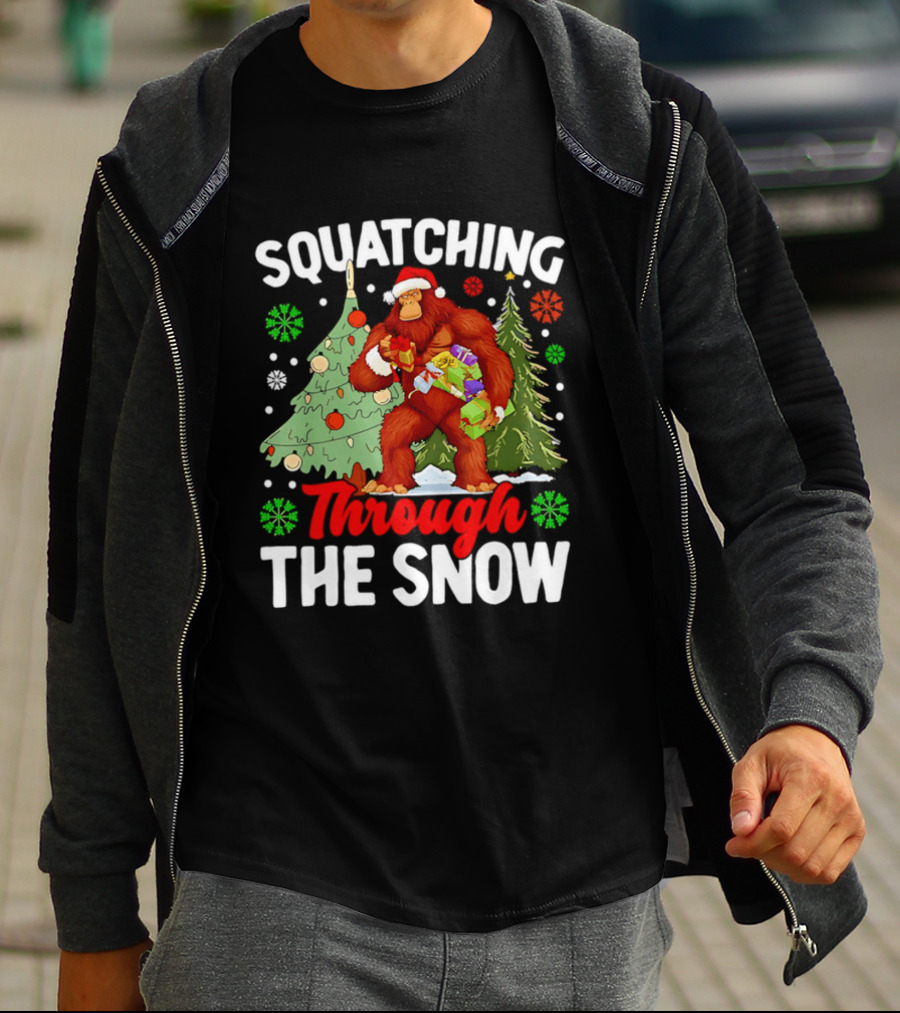 Squatching Through The Snow Bigfoot Christmas Tree Holiday Santa Big Foot T-Shirt