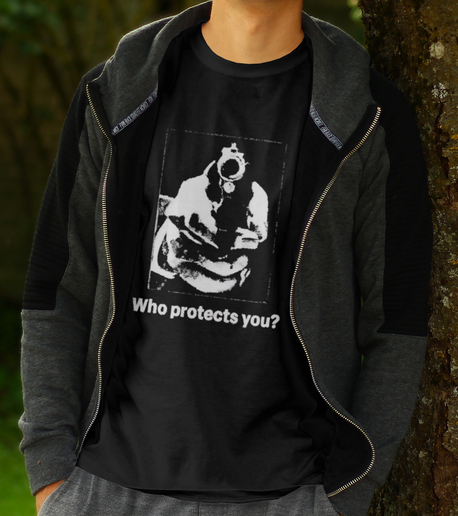 Who Protects You Question With Gun Aimed At Viewer T-Shirt