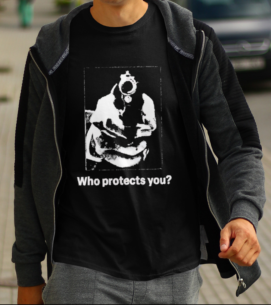 Who Protects You Question With Gun Aimed At Viewer T-Shirt