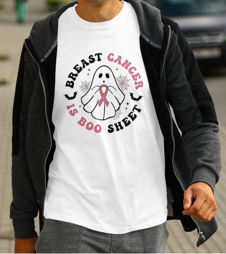 Breast Cancer Awareness Ghost Boo Sheet Ribbon Spooky Webs Bats T-Shirt