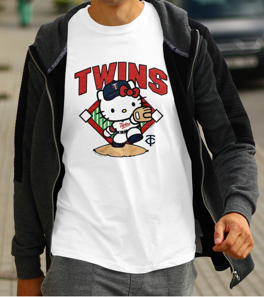 Hello Kitty Twins Baseball Distressed MLB Player Cartoon T-Shirt
