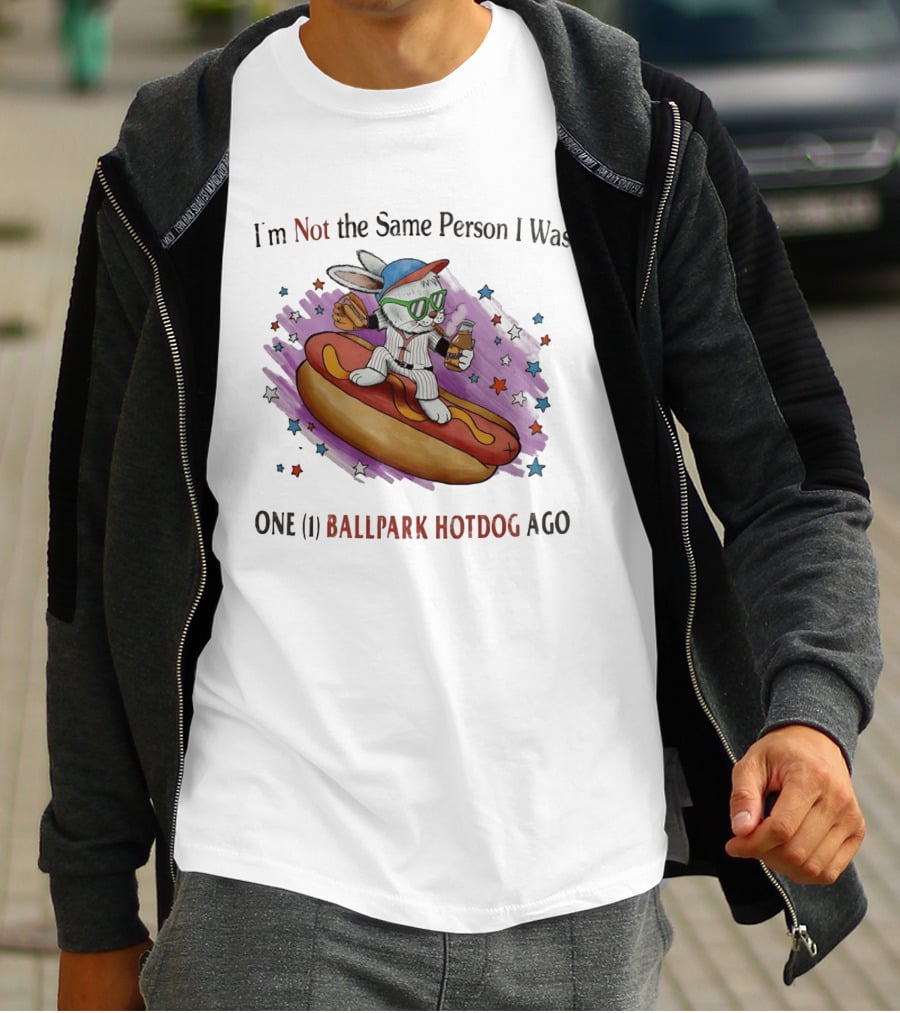 I'm Not The Same Person I Was One Ballpark Hotdog Ago Baseball Bunny With Sunglasses And Stars T-Shirt