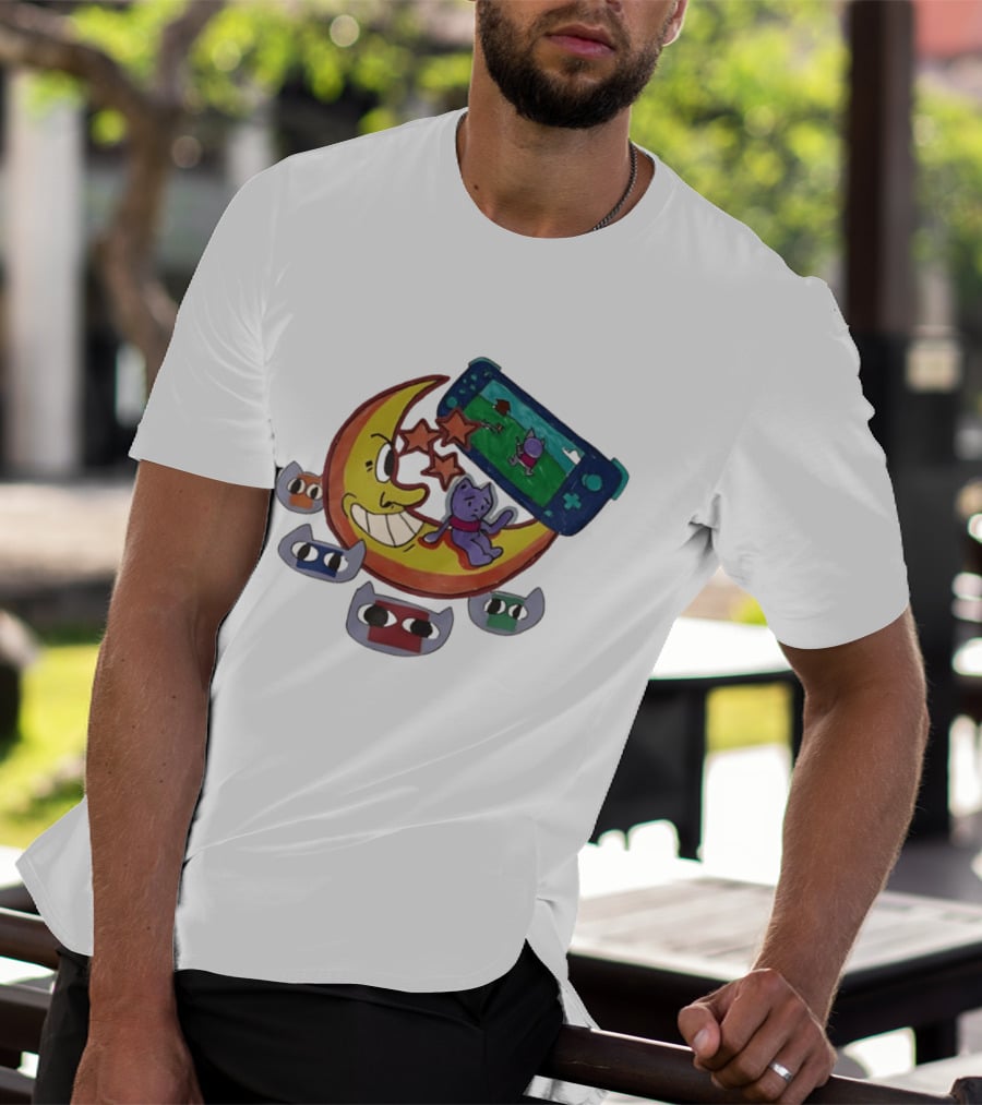 Cartoon Moon And Cat Playing Game With Stars And Colorful Masks T-Shirt