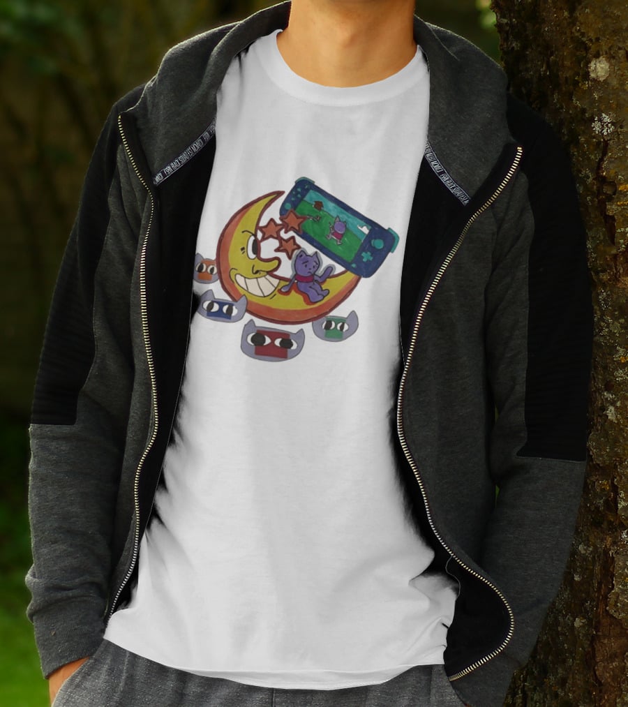Cartoon Moon And Cat Playing Game With Stars And Colorful Masks T-Shirt
