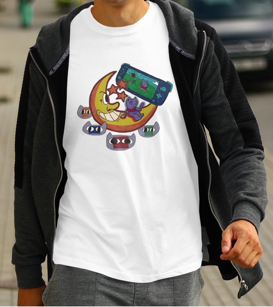 Cartoon Moon And Cat Playing Game With Stars And Colorful Masks T-Shirt