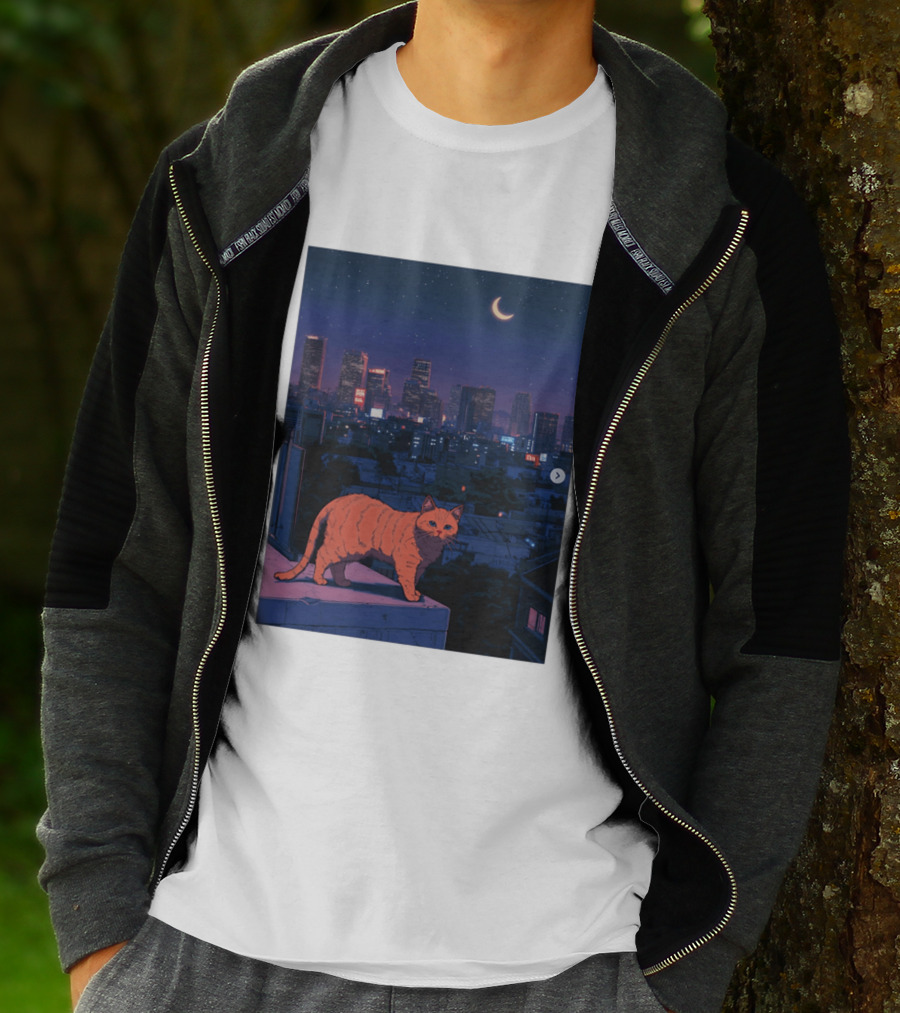 Orange Tabby Cat Under Night Sky Overlooking City Skyline With Crescent Moon T-Shirt