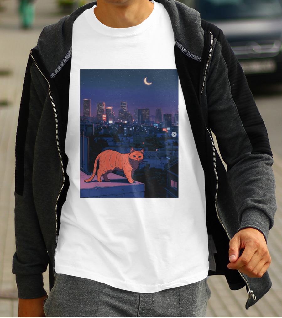Orange Tabby Cat Under Night Sky Overlooking City Skyline With Crescent Moon T-Shirt