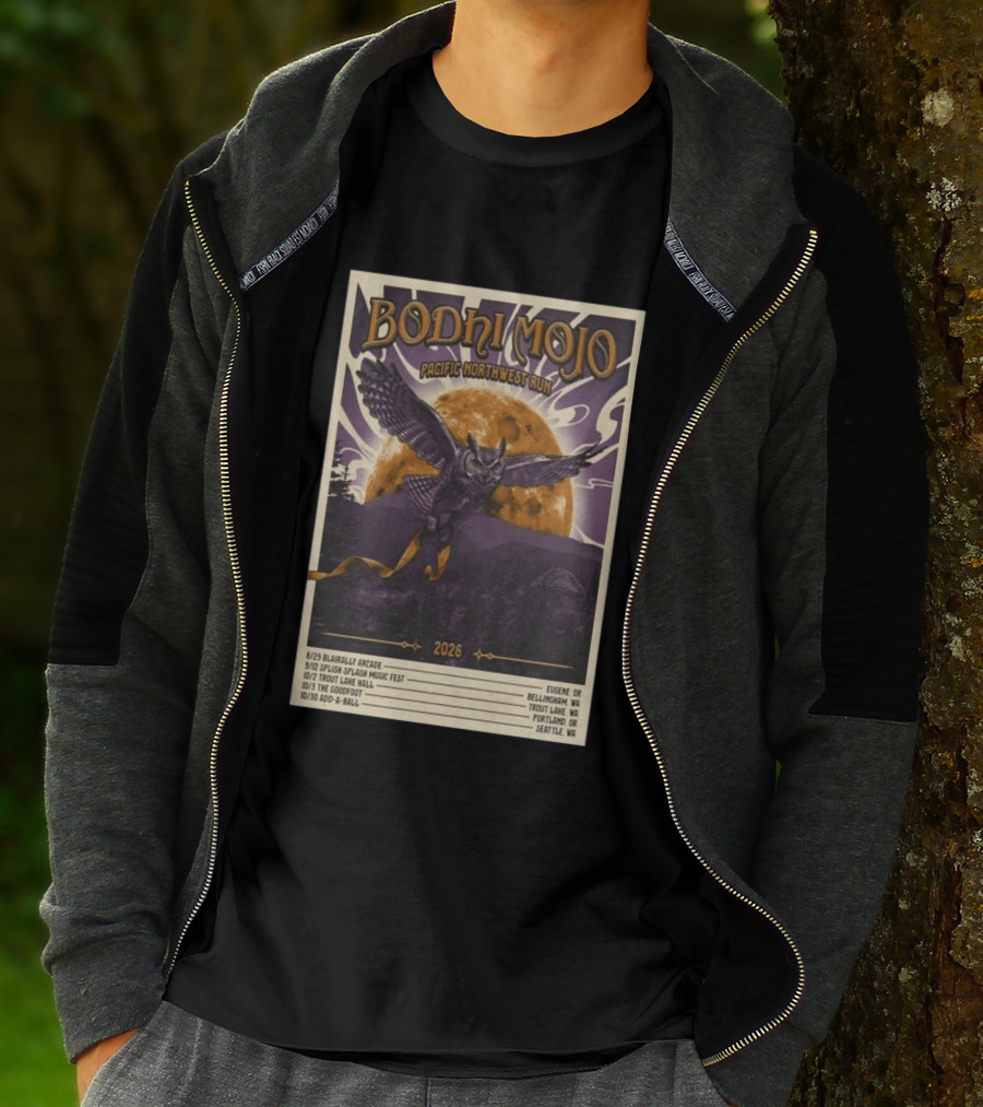 Bodhi Mojo Pacific Northwest Run 2026 Tour Owl Illustration Dates And Locations T-Shirt