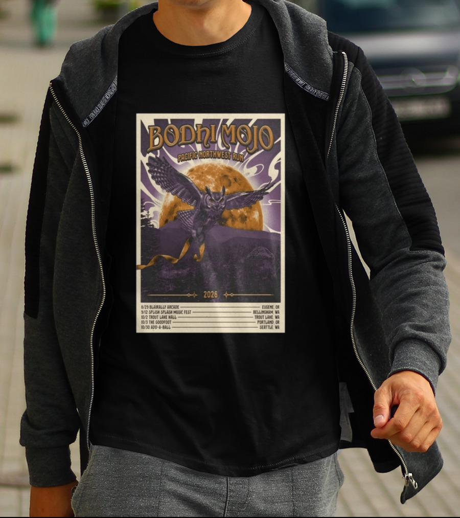 Bodhi Mojo Pacific Northwest Run 2026 Tour Owl Illustration Dates And Locations T-Shirt