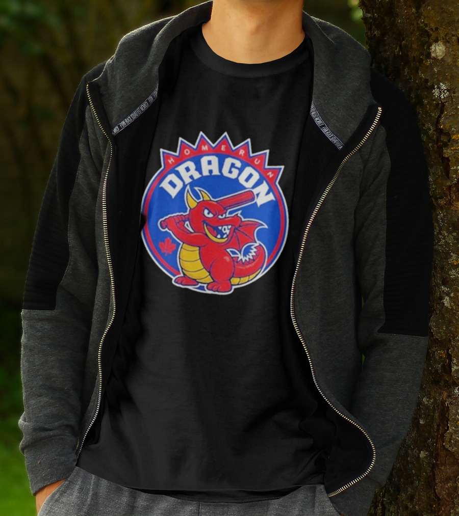 Home Run Dragon Baseball Batting Red Maple Leaf T-Shirt