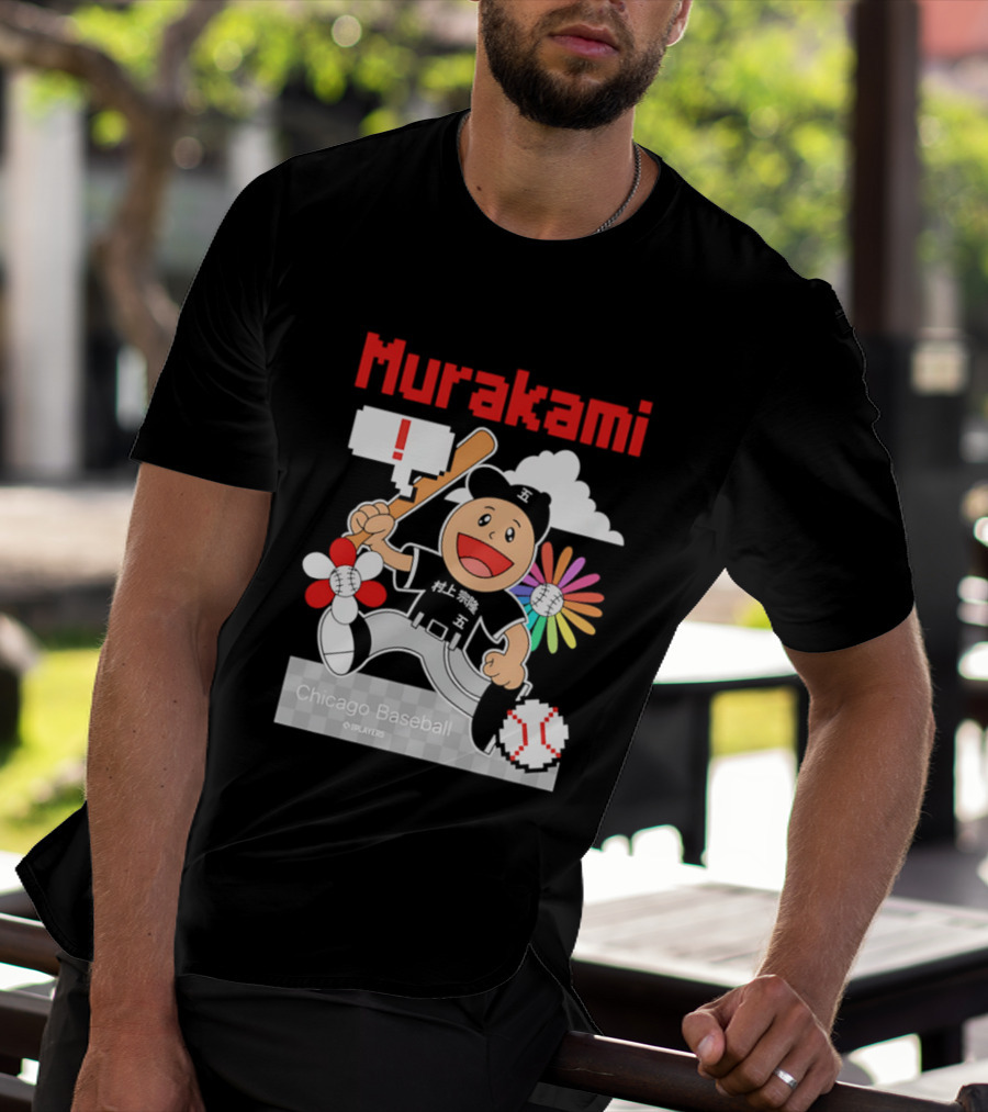 Murakami Chicago Baseball IPlayers Animated Character Flower Motif T-Shirt