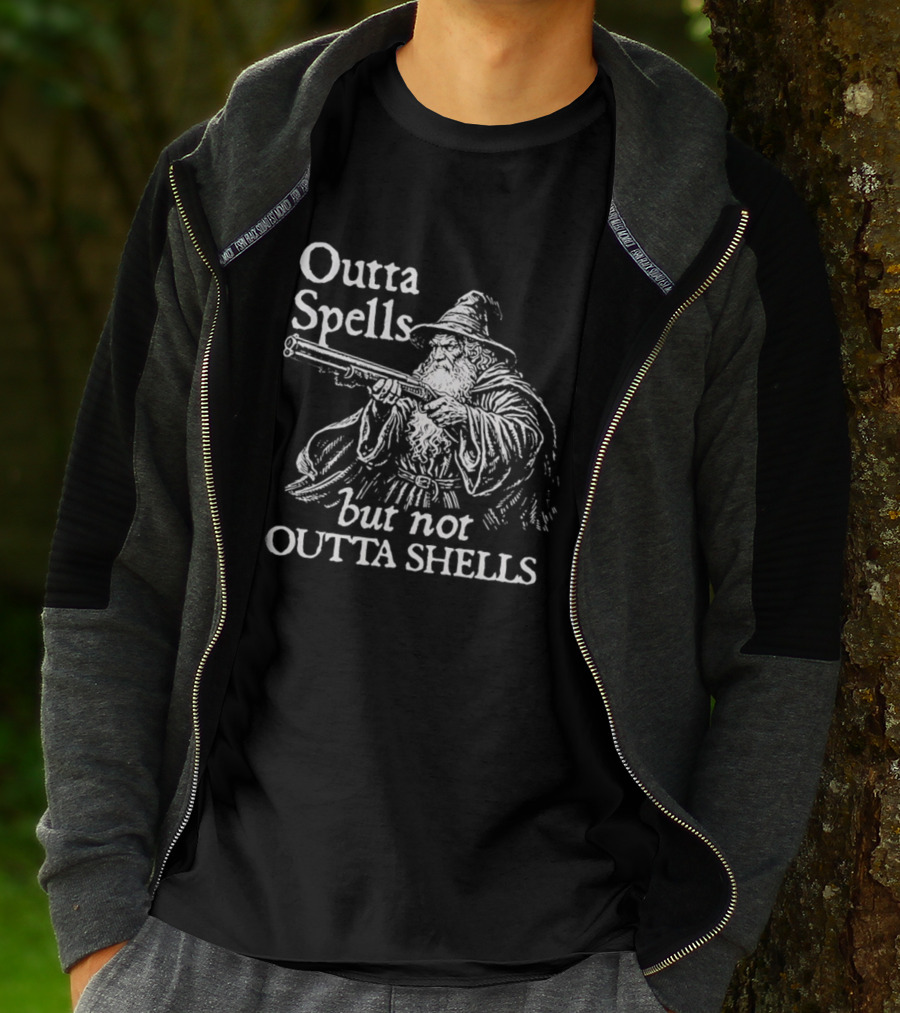 Outta Spells But Not Outta Shells Wizard With Gun Magic T-Shirt