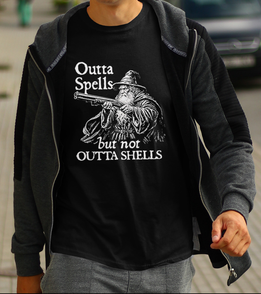Outta Spells But Not Outta Shells Wizard With Gun Magic T-Shirt