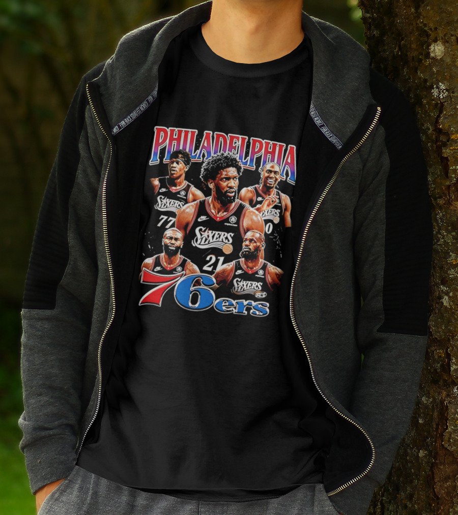 Philadelphia 76ers Embiid LeBron Collage 21 77 T-Shirt