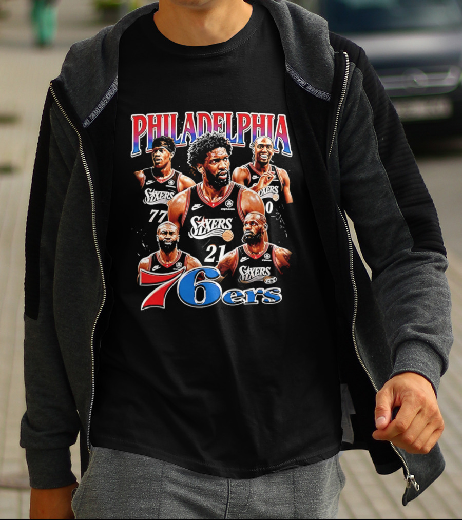 Philadelphia 76ers Embiid LeBron Collage 21 77 T-Shirt