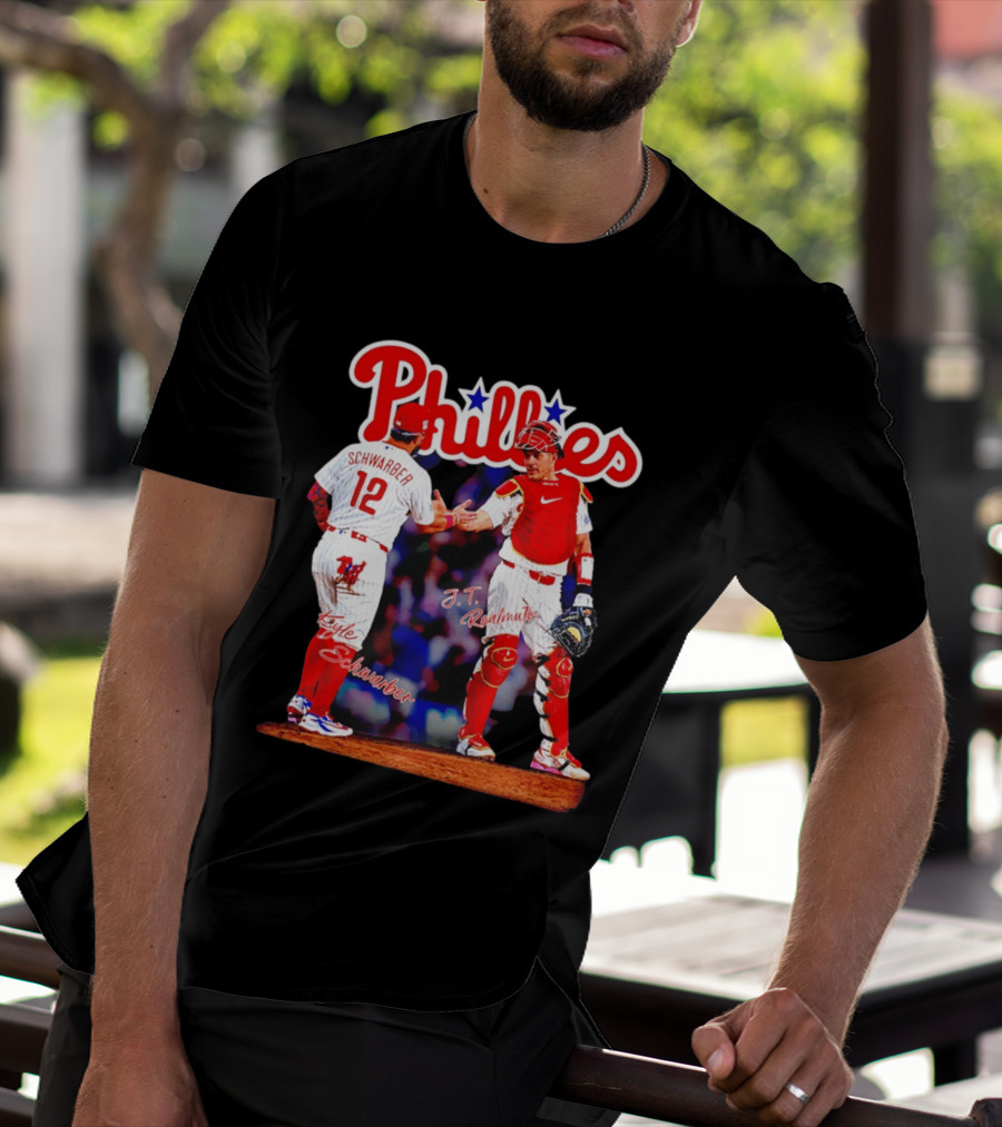 Philadelphia Phillies Kyle Schwarber J Realmuto 12 Catcher Handshake T-Shirt