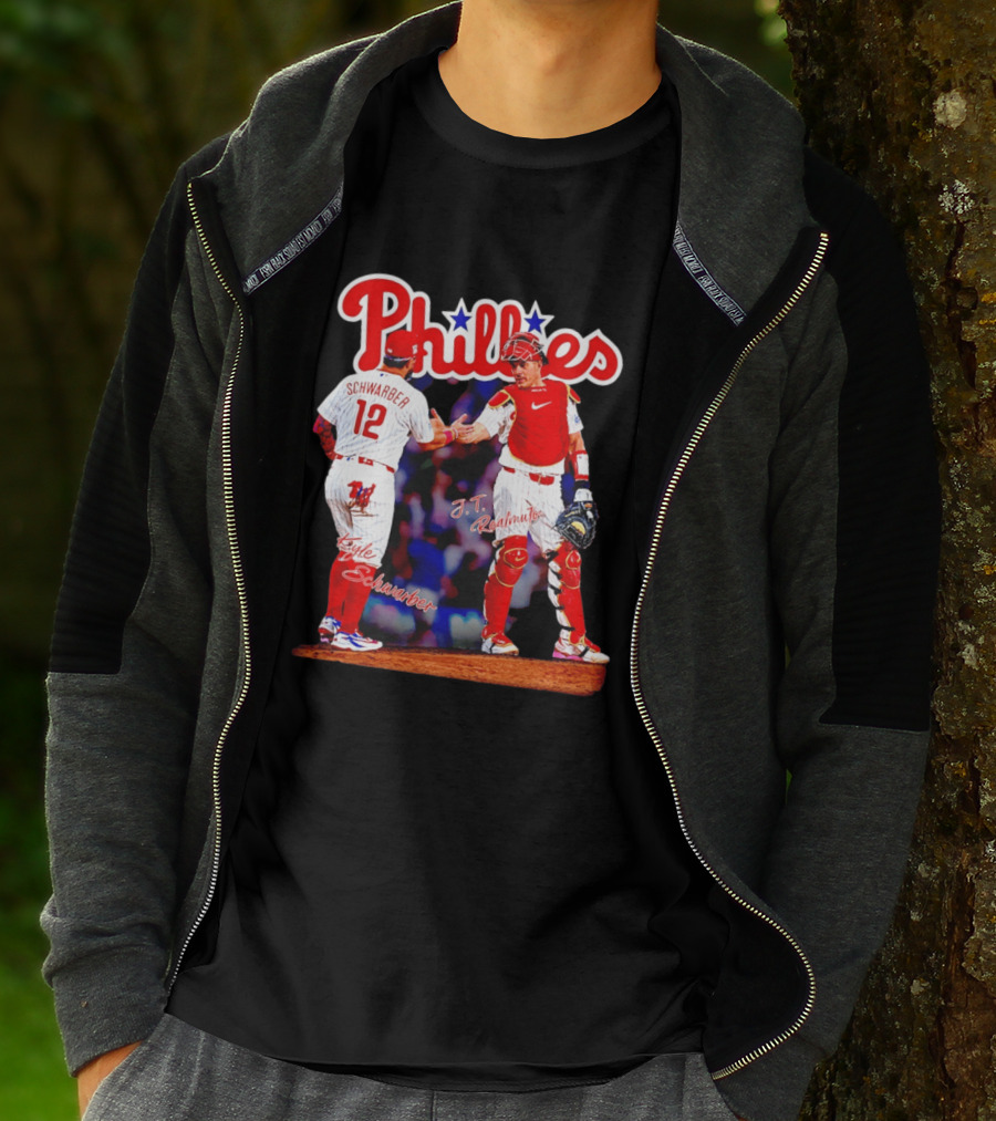 Philadelphia Phillies Kyle Schwarber J Realmuto 12 Catcher Handshake T-Shirt