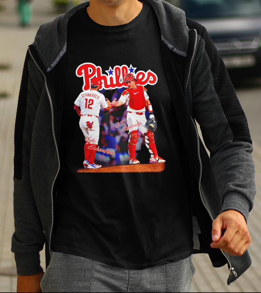 Philadelphia Phillies Kyle Schwarber J Realmuto 12 Catcher Handshake T-Shirt