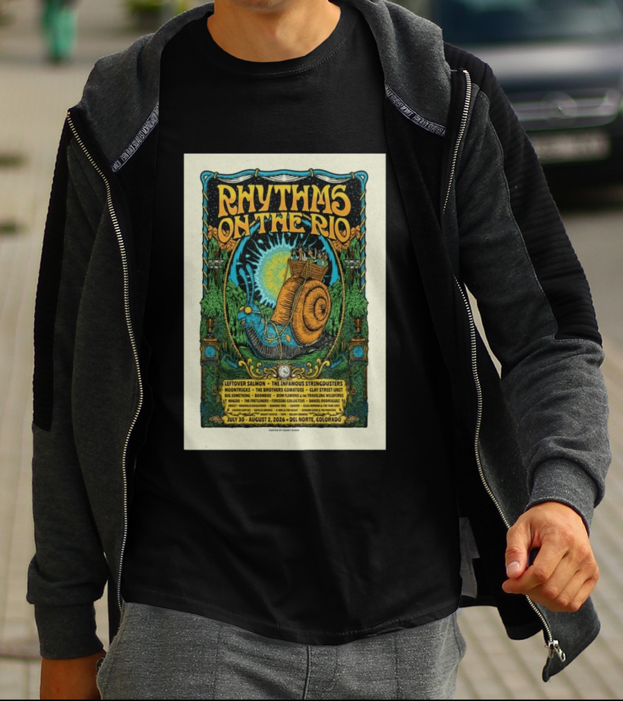 Rhythms On The Rio July 30 August 2 2026 Del Norte Colorado Leftover Salmon The Infamous Stringdusters T-Shirt