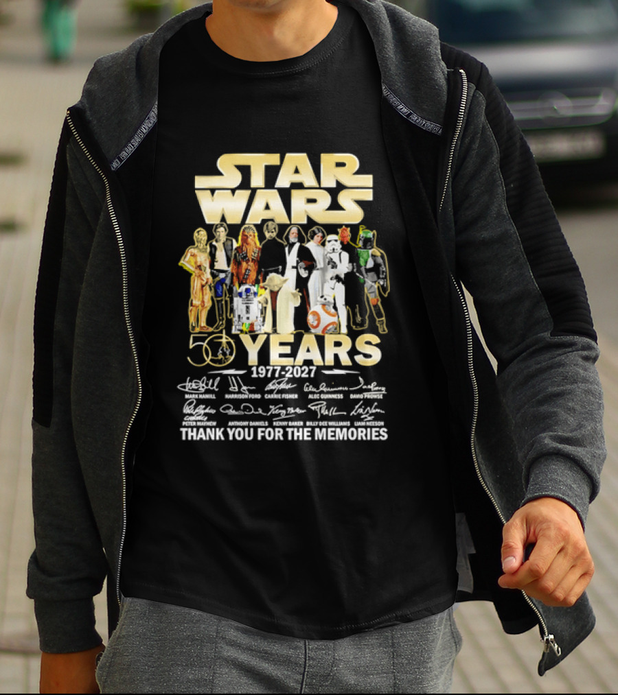 Star Wars 50 Years 1977 2027 Thank You For The Memories Cast Signatures T-Shirt