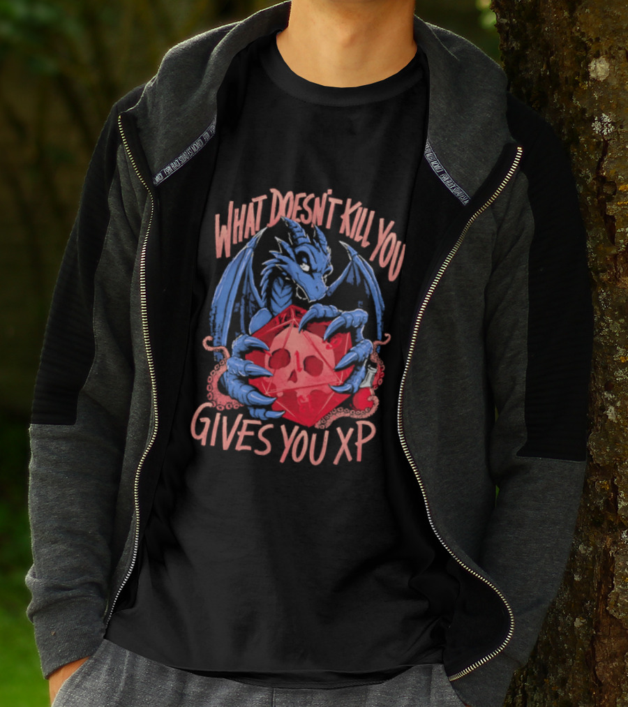 What Doesn't Kill You Gives You XP Blue Dragon Holding Red D20 Skull T-Shirt